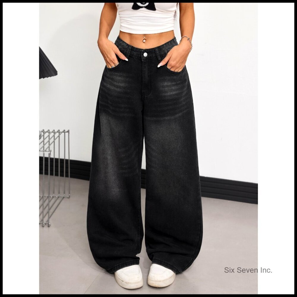 Wide Leg Baggy Jeans Y2K Vintage Streetwear Oversized Loose Fit Denim Pants - Picture 6 of 6